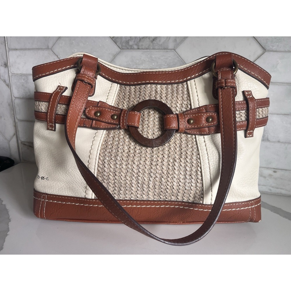 Cream and Brown Woven Panel Satchel
